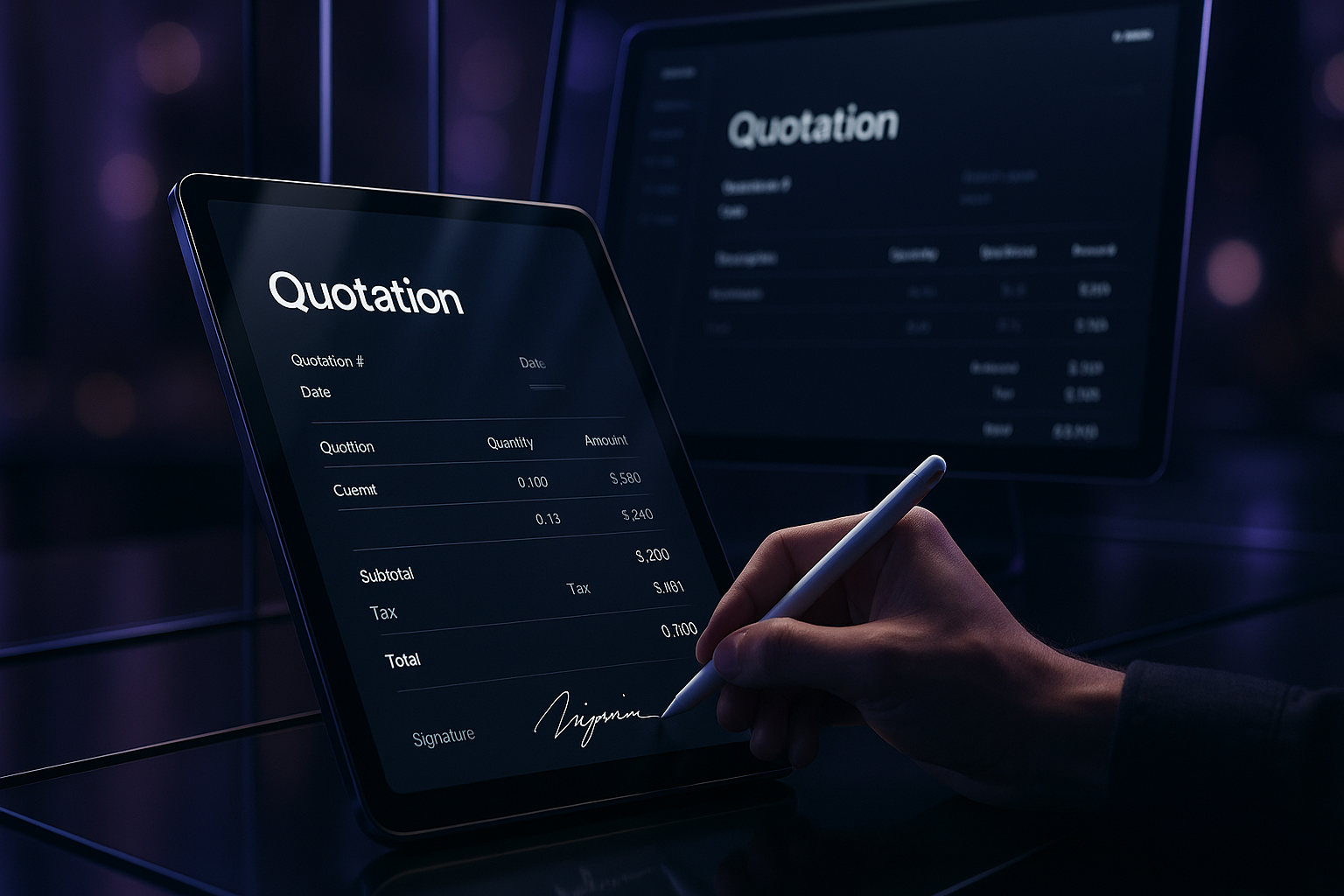 Tablet con cotización en pantalla, firma en proceso
